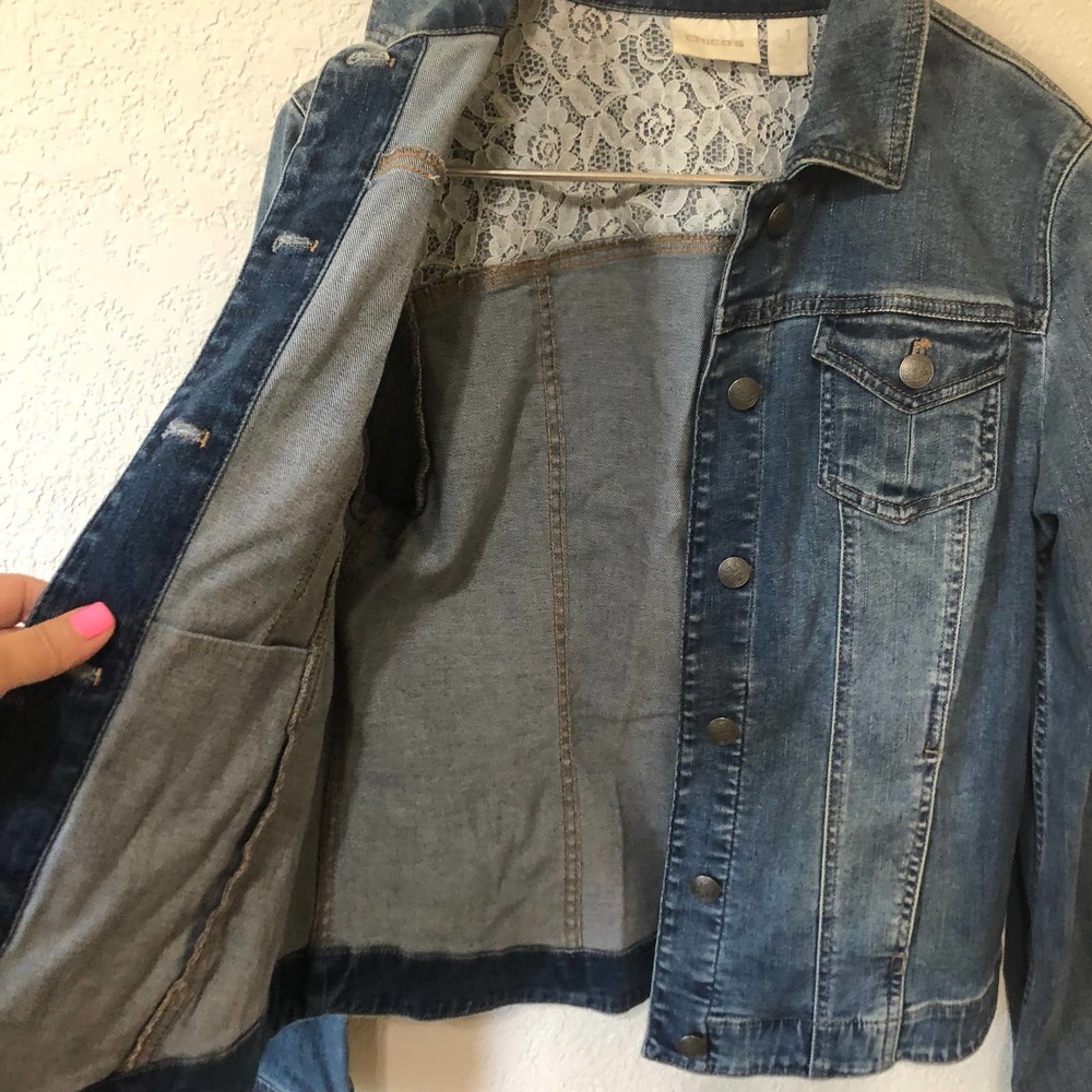 Chico's Blue Denim Jean Jacket with Lace Yoke - Picture 4 of 10